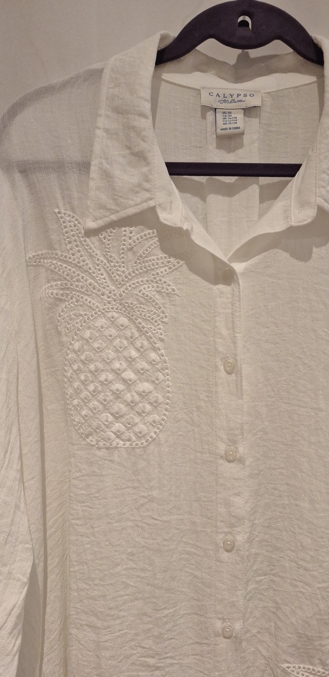Calypso St. Barth White Embroidered Pineapple Button Front Shirt